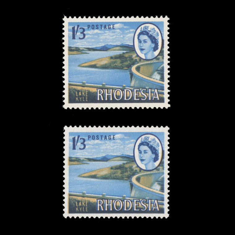 Rhodesia 1966 (Trial) 1s 3d Lake Kyle singles with different gum types