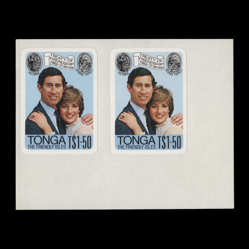 Tonga 1981 (Variety) T$1.50 Royal Wedding pair with imperf backing paper