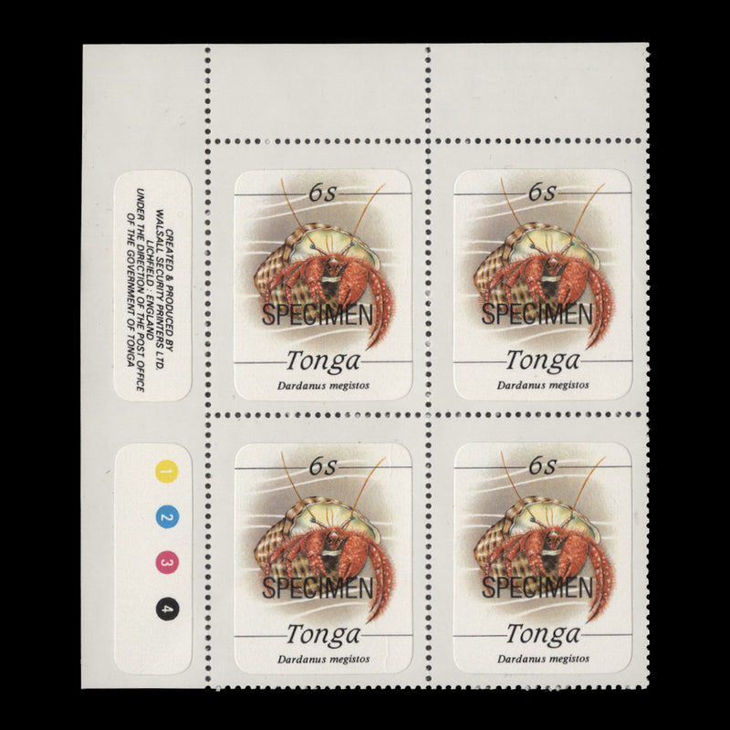 Tonga 1984 (MNH) 6s Spotted Hermit Crab SPECIMEN plate block