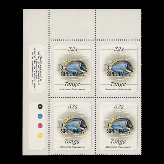 Tonga 1984 (MNH) 32s Powder-Blue Surgeonfish SPECIMEN plate block