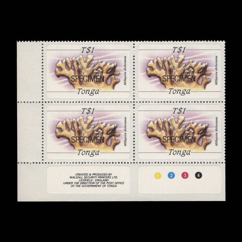 Tonga 1984 (MNH) T$1 Net Fire Coral SPECIMEN plate block