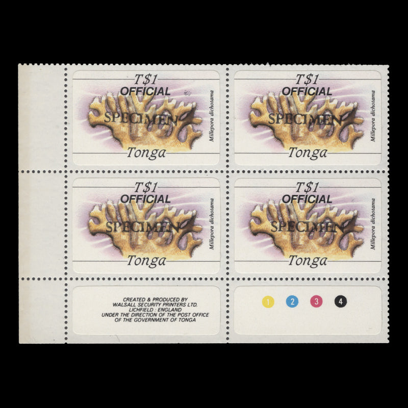 Tonga 1984 (MNH) T$1 Net Fire Coral SPECIMEN plate block, official