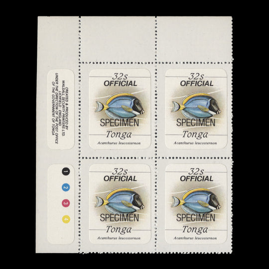 Tonga 1984 (MNH) 32s Surgeonfish SPECIMEN plate block, official