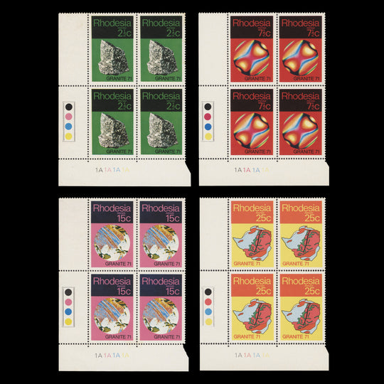 Rhodesia 1971 (MNH) Geological Symposium plate 1A–1A–1A–1A blocks