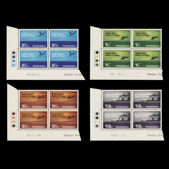 Rhodesia 1972 (MNH) Prevent Pollution plate 1B–1B–1B–1B blocks
