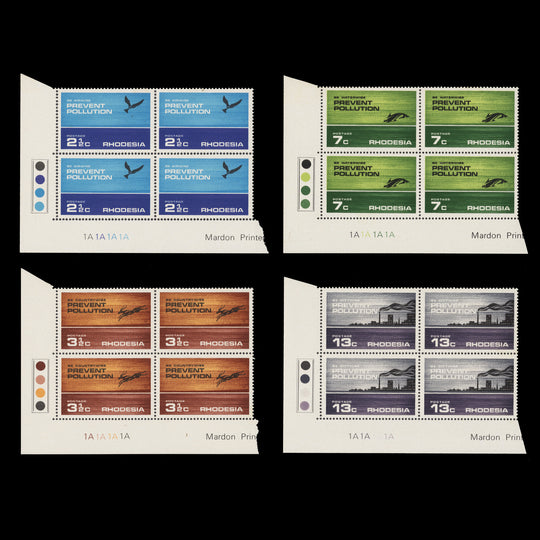 Rhodesia 1972 (MNH) Prevent Pollution plate 1A–1A–1A–1A blocks
