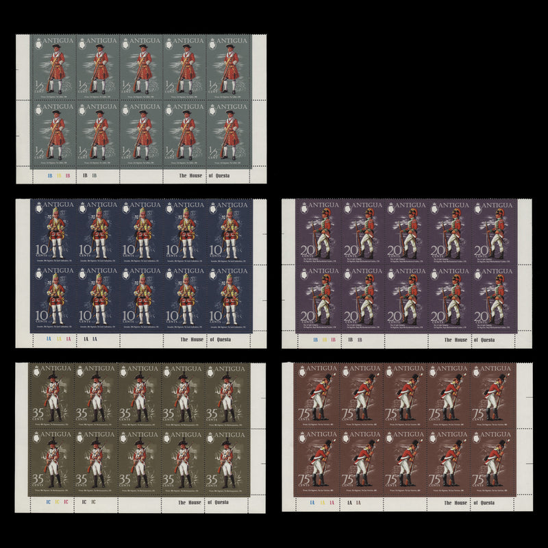 Antigua 1971 (MNH) Military Uniforms imprint/plate blocks