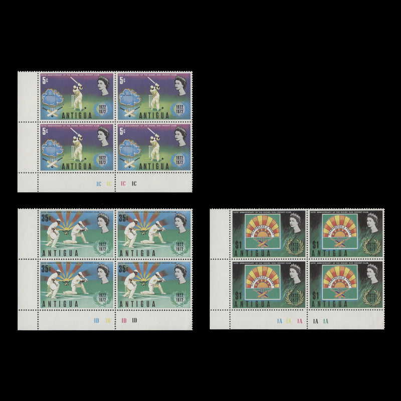 Antigua 1972 (MNH) Rising Sun Cricket Club plate blocks