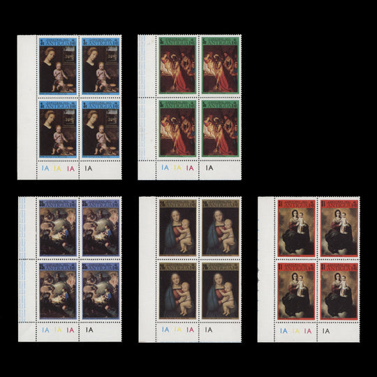 Antigua 1973 (MNH) Christmas plate 1A–1A–1A–1A blocks