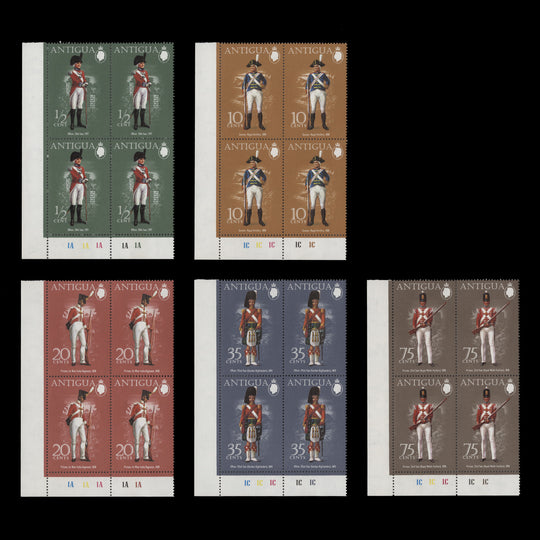 Antigua 1974 (MNH) Military Uniforms plate blocks