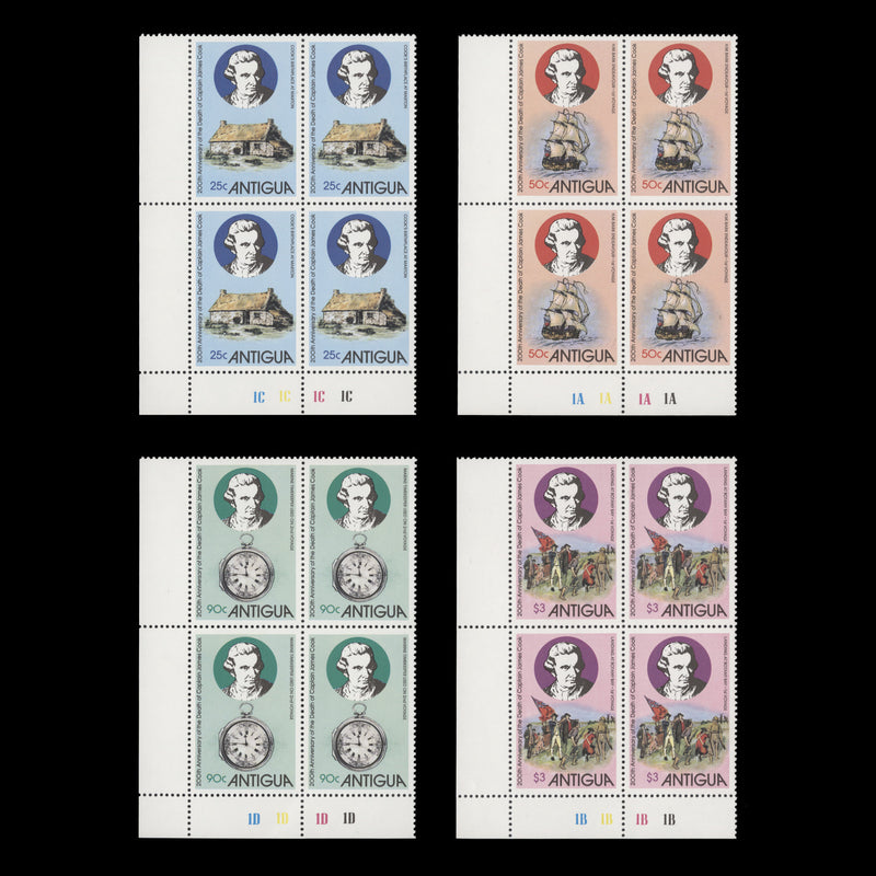 Antigua 1979 (MNH) Captain Cook Death Centenary plate blocks