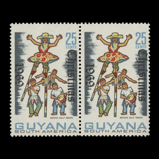 Guyana 1969 (Variety) 25c Christmas pair, inverted 'S' of overprint