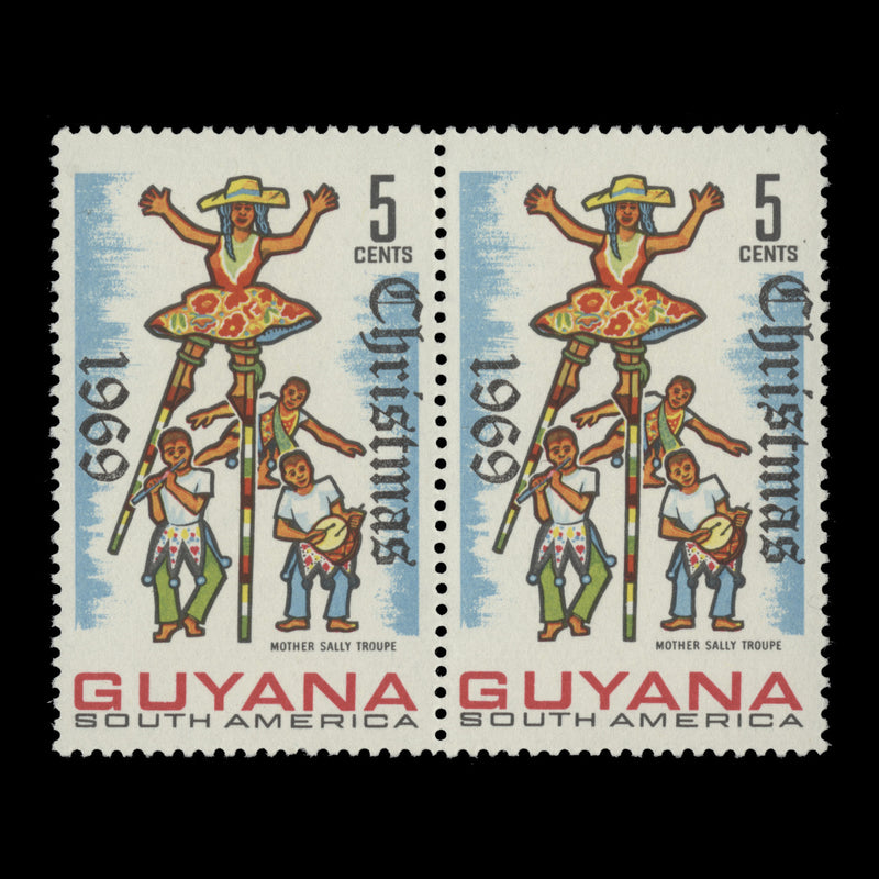 Guyana 1969 (Variety) 5c Christmas pair, inverted 'S' of overprint