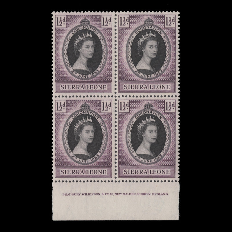 Sierra Leone 1953 (MNH) 1½d Coronation imprint block