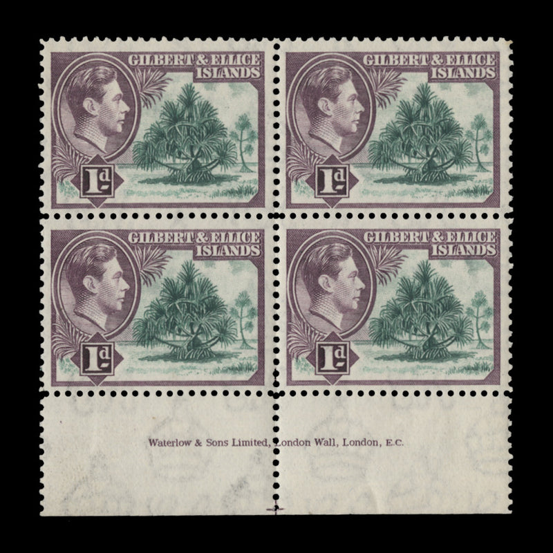 Gilbert & Ellice Islands 1939 (MLH) 1d Pandanus Pine imprint block