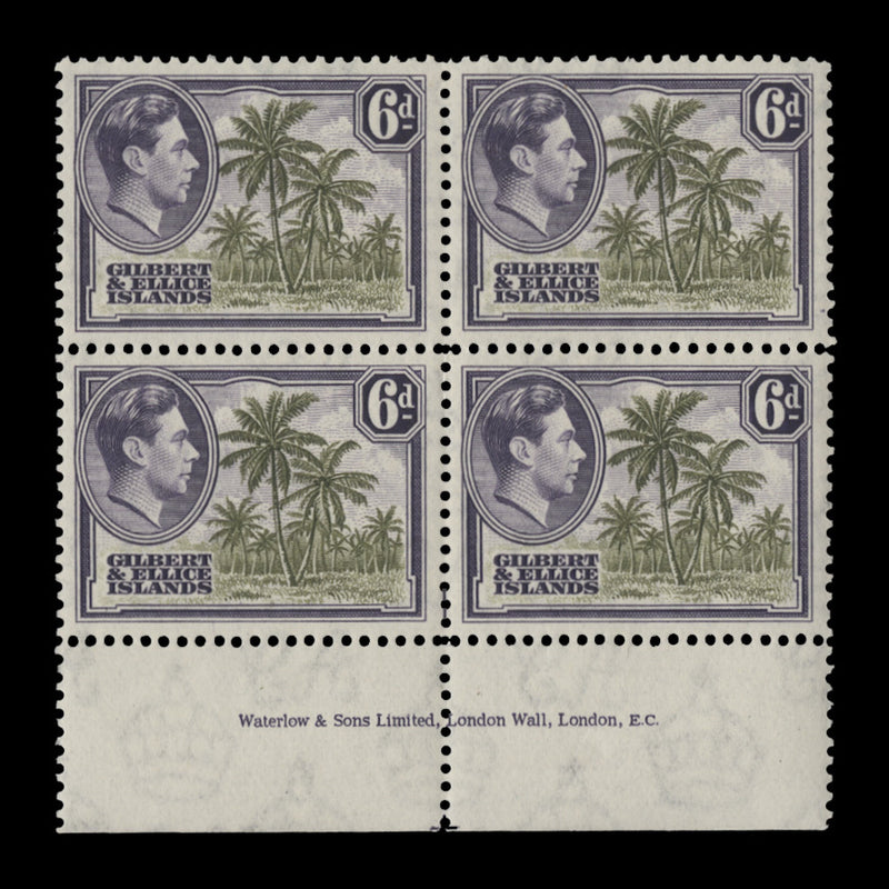 Gilbert & Ellice Islands 1939 (MLH) 6d Coconut Palms imprint block
