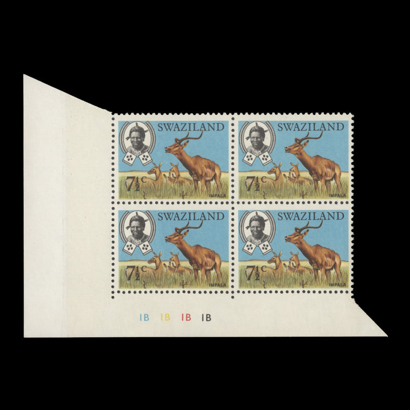 Swaziland 1969 (MNH) 7½c Impala plate 1B–1B–1B–1B block