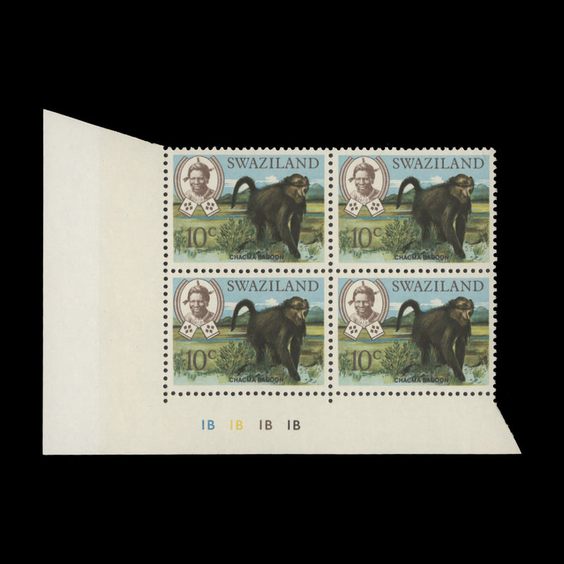 Swaziland 1969 (MNH) 10c Chacma Baboon plate 1B–1B–1B–1B block