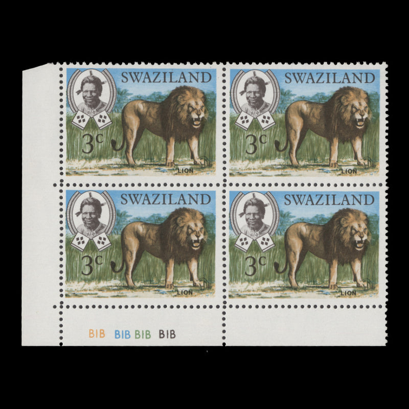 Swaziland 1975 (MNH) 3c Lion plate B1B–B1B–B1B–B1B block