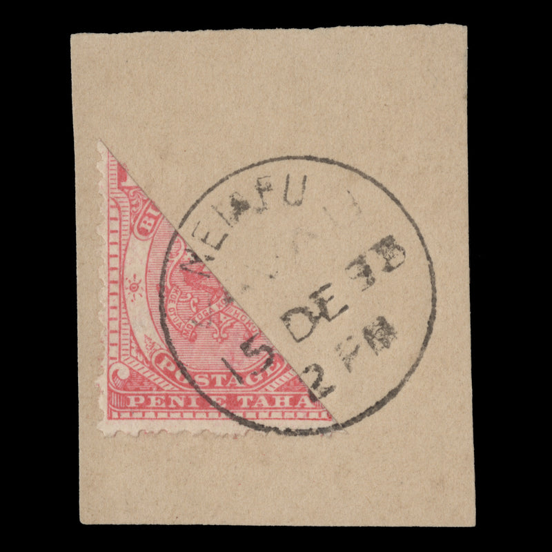Tonga 1893 (Used) 1d Arms of Tonga bisect on-piece dated 15 DE 93