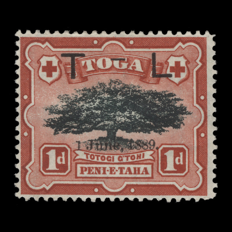 Tonga 1899 (Variety) 1d Royal Wedding with '1889' overprint, sideways watermark