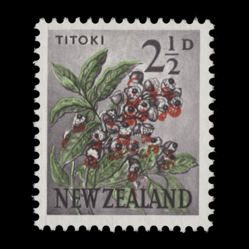 New Zealand 1961 (Error) 2½d Titoki missing brown and with pale-red shift