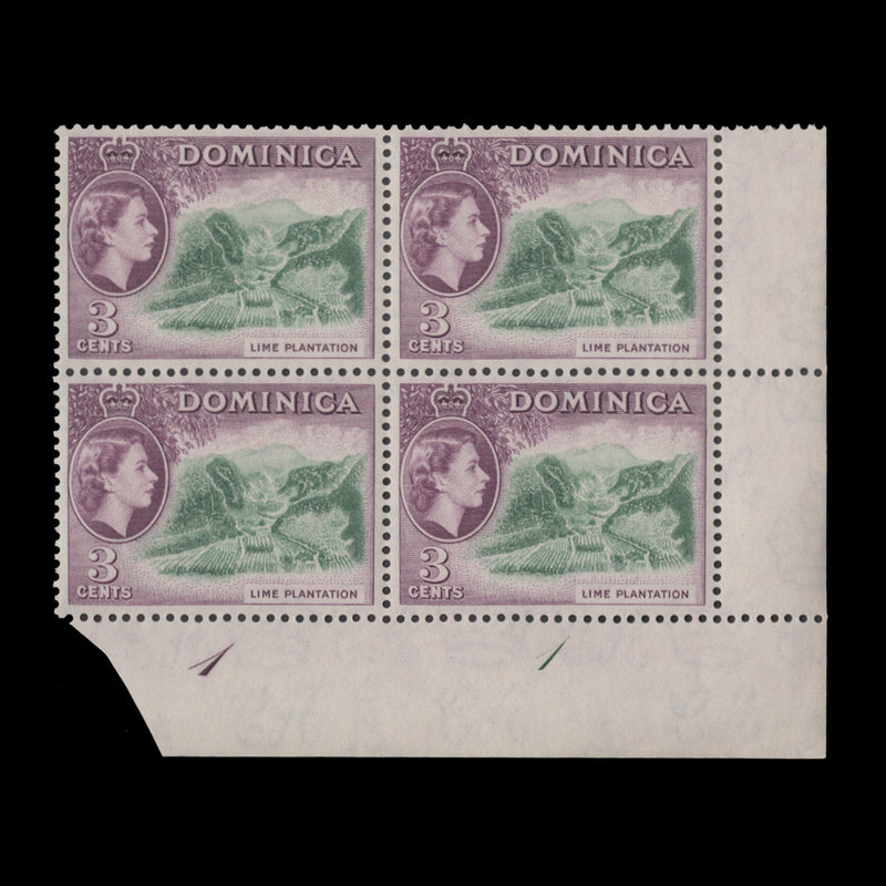 Dominica 1954 (MNH) 3c Lime Plantation plate 1–1 block