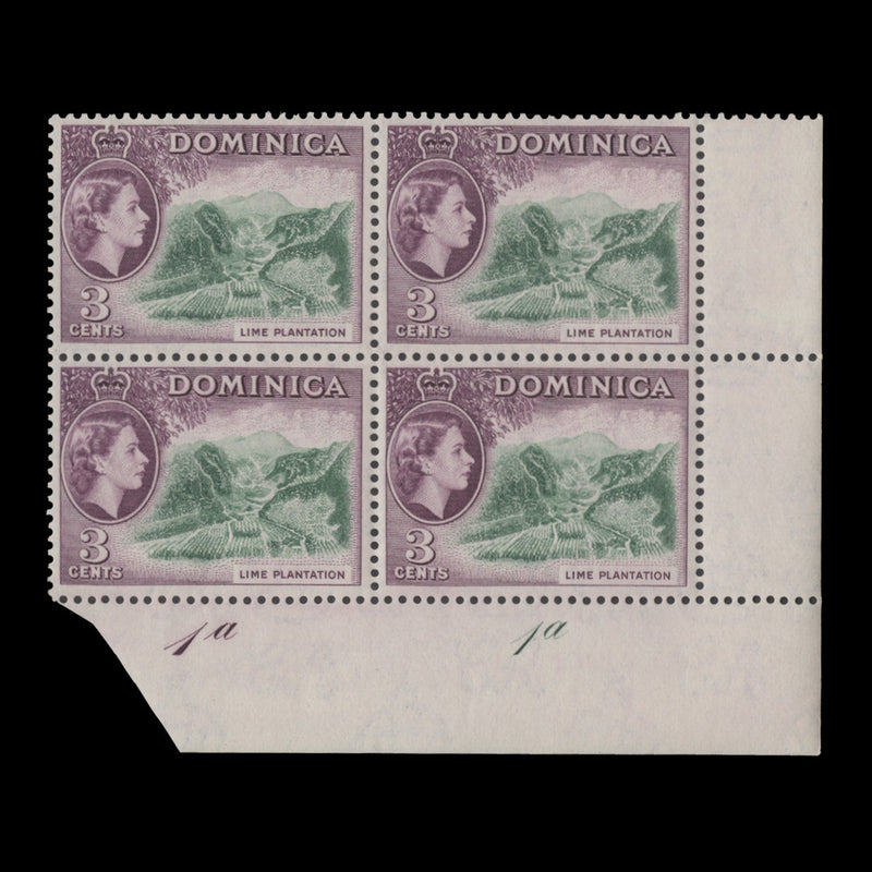 Dominica 1954 (MNH) 3c Lime Plantation plate 1a–1a block