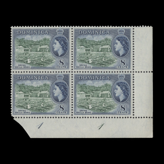 Dominica 1954 (MNH) 8c Drying Vanilla Beans plate 1–1 block