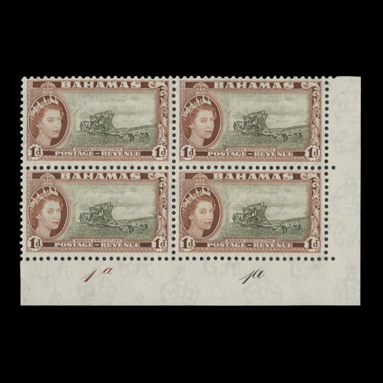 Bahamas 1955 (MLH) 1d Modern Agriculture plate 1a–1a block, shade