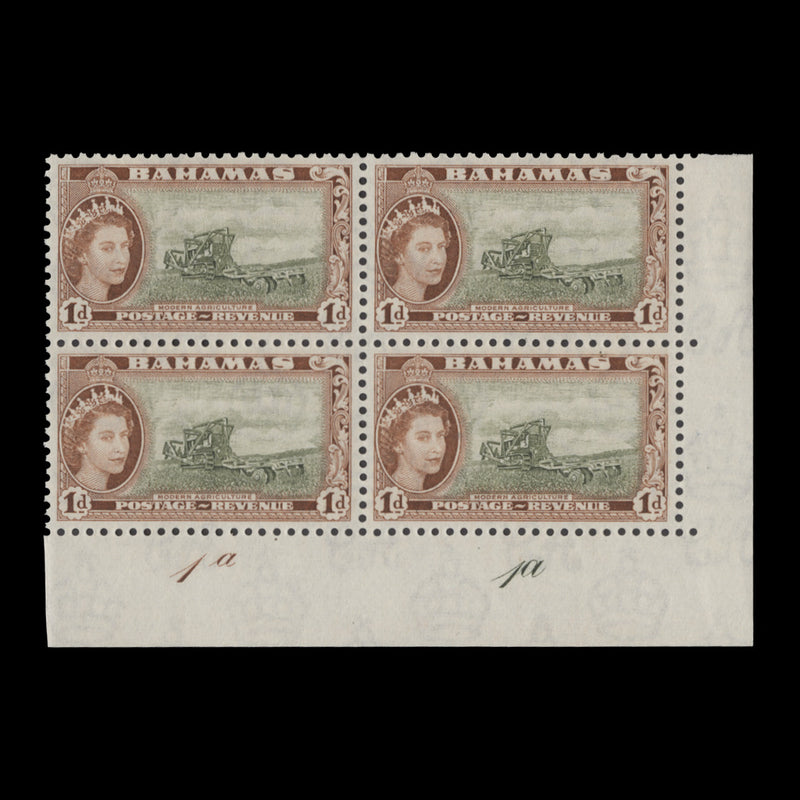 Bahamas 1954 (MLH) 1d Modern Agriculture plate 1a–1a block