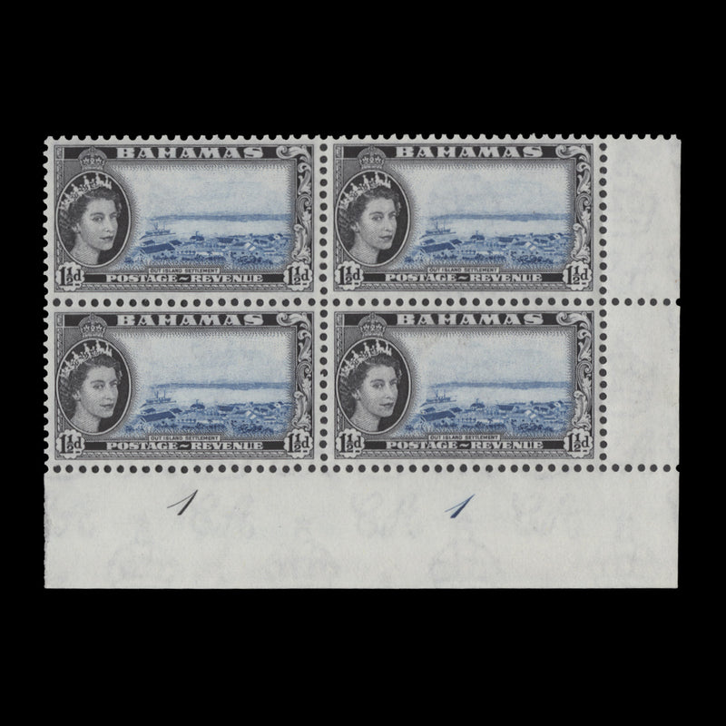 Bahamas 1954 (MLH) 1½d Out Island Settlement plate 1–1 block
