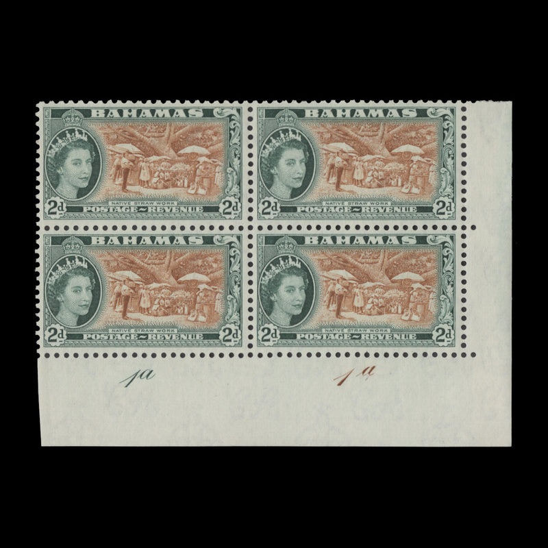 Bahamas 1954 (MLH) 2d Native Straw Worker plate 1a–1a block