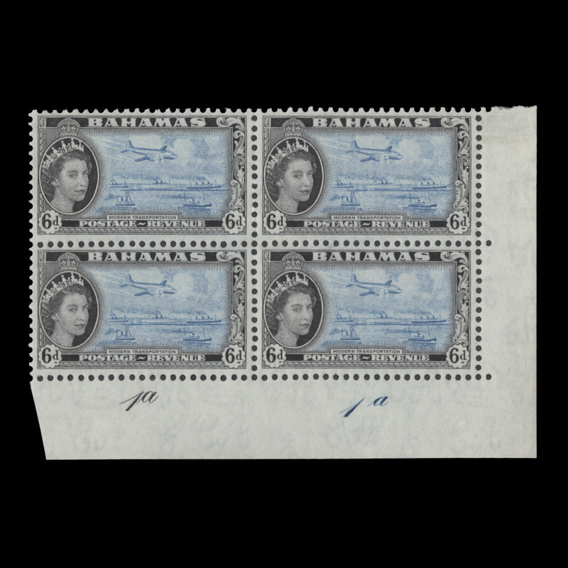 Bahamas 1954 (MLH) 6d Modern Transportation plate 1a–1a block