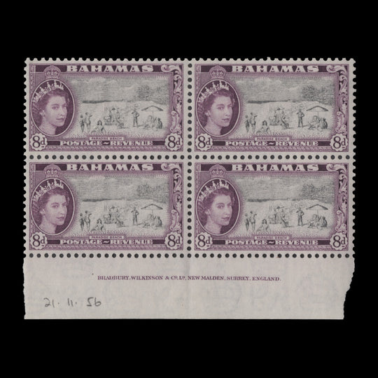 Bahamas 1956 (MLH) 8d Paradise Beach imprint block, shade
