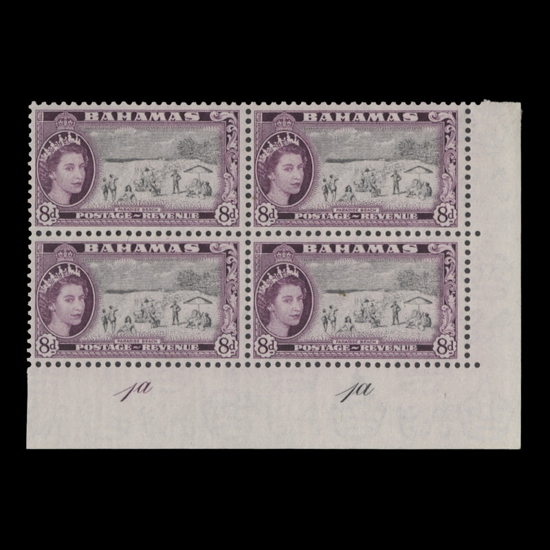 Bahamas 1956 (MLH) 8d Paradise Beach plate 1a–1a block, shade