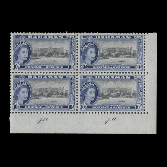 Bahamas 1954 (MLH) 10d Modern Hotels plate 1a–1a block