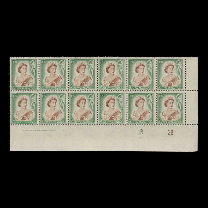 New Zealand 1954 (MNH) 9d Queen Elizabeth II imprint/plate 1B–2B block