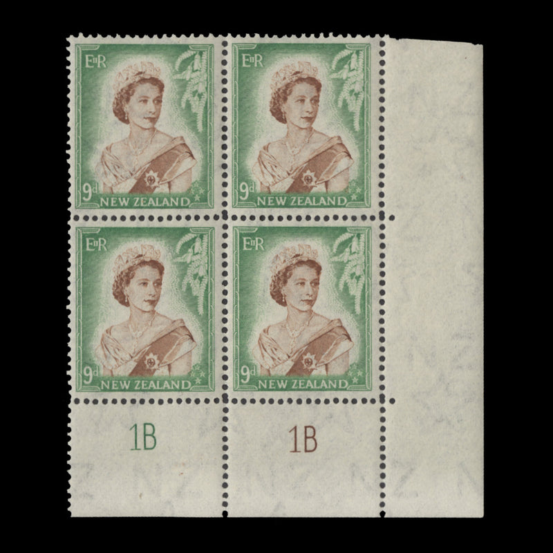 New Zealand 1954 (MLH) 9d Queen Elizabeth II plate 1B–1B block