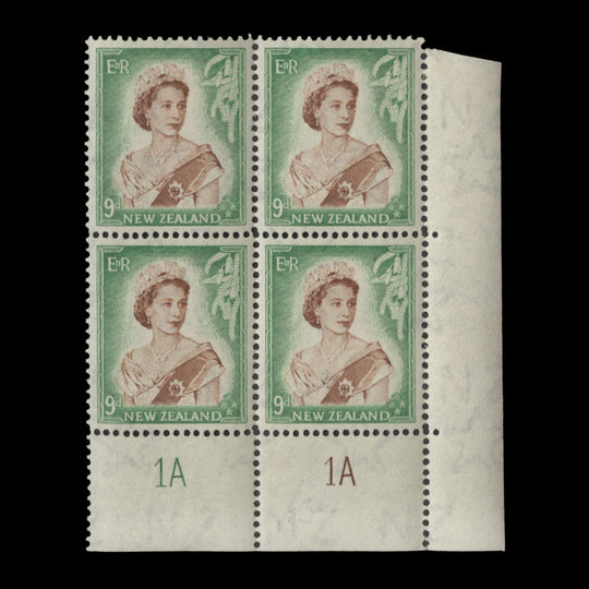 New Zealand 1954 (MLH) 9d Queen Elizabeth II plate 1A–1A block