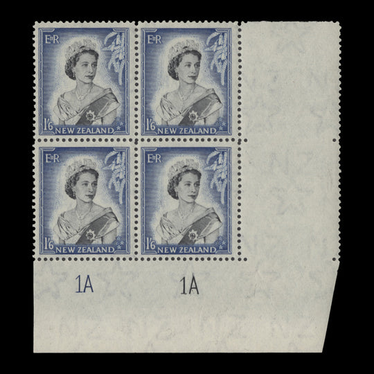 New Zealand 1954 (MLH) 1s6d Queen Elizabeth II plate 1A–1A block