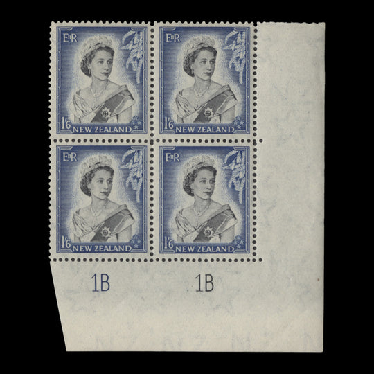New Zealand 1954 (MNH) 1s6d Queen Elizabeth II plate 1B–1B block