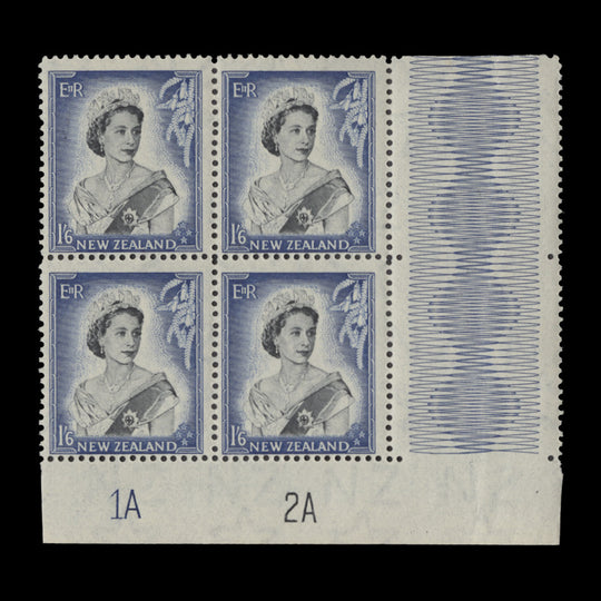 New Zealand 1954 (MNH) 1s6d Queen Elizabeth II plate 1A–2A block