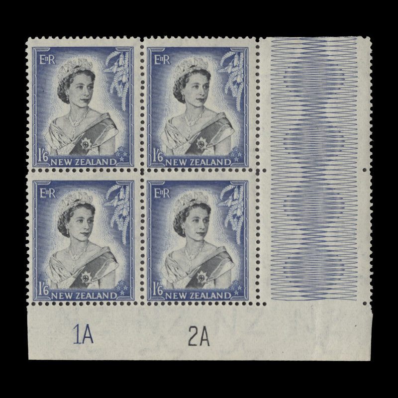 New Zealand 1954 (MNH) 1s 6d Queen Elizabeth II plate 1A–2A block