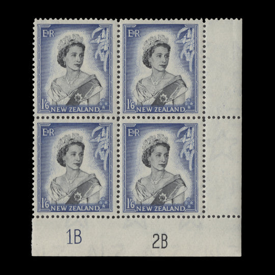 New Zealand 1954 (MNH) 1s6d Queen Elizabeth II plate 1B–2B block