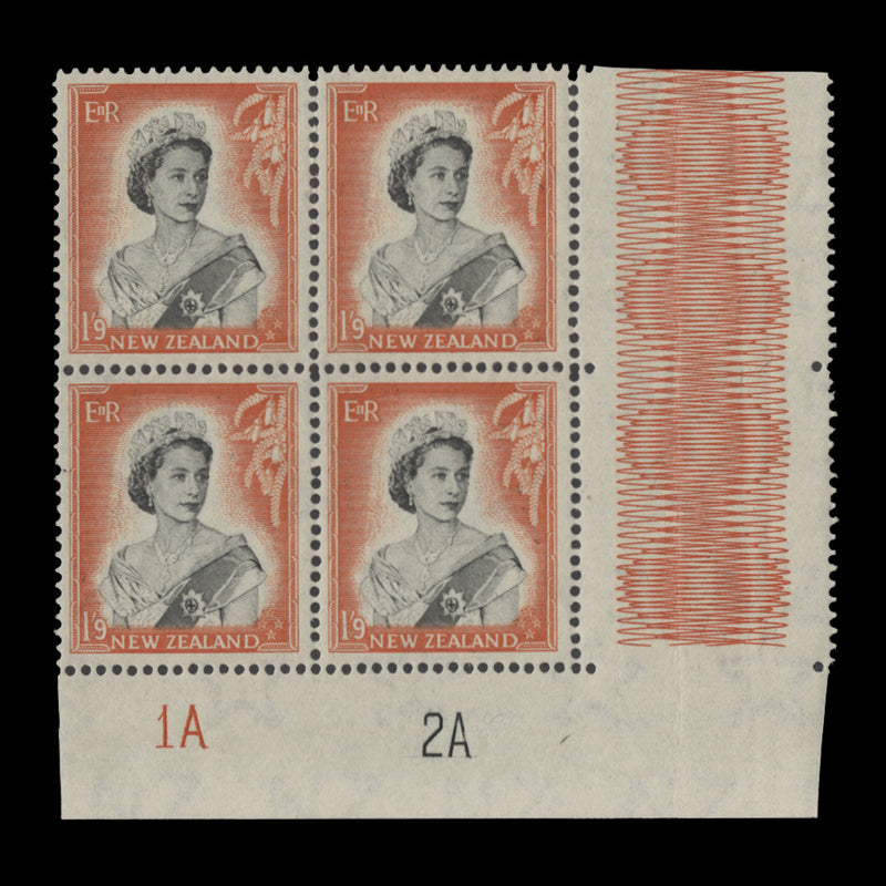 New Zealand 1957 (MNH) 1s 9d Queen Elizabeth II plate 1A–2A block