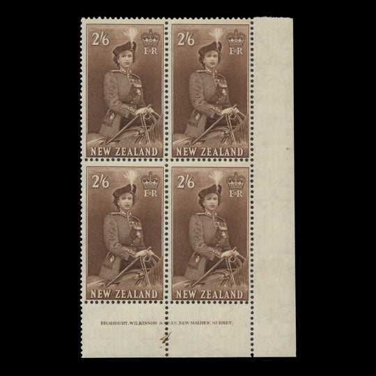 New Zealand 1957 (MNH) 2s6d Queen Elizabeth II imprint/plate 4 block