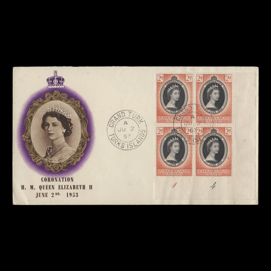 Turks & Caicos Islands 1953 (FDC) 2d Coronation plate 1–4 block