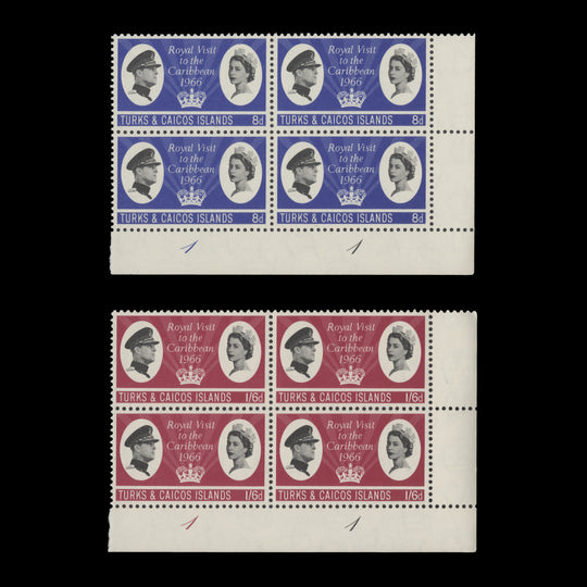 Turks & Caicos Islands 1966 (MNH) Royal Visit plate 1–1 blocks