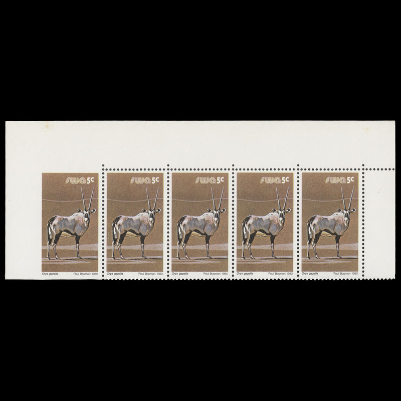 South West Africa 1980 (Error) 5c Oryz Gazella strip, left stamp imperf